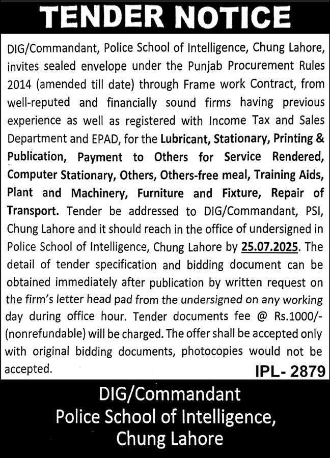Police School of Intelligence Lahore Tender Notice